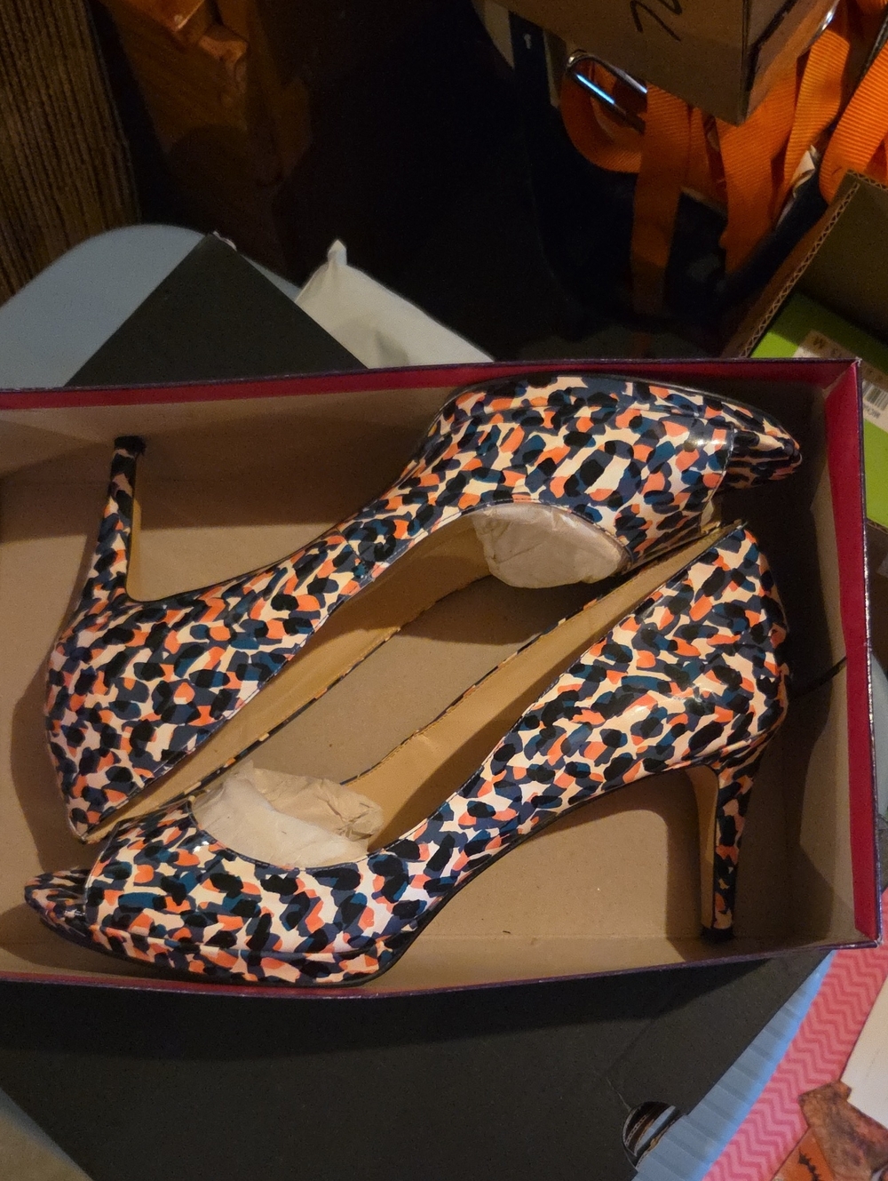 9 West Women's Peep-Toe Heels in Orange & Navy Abstract Print